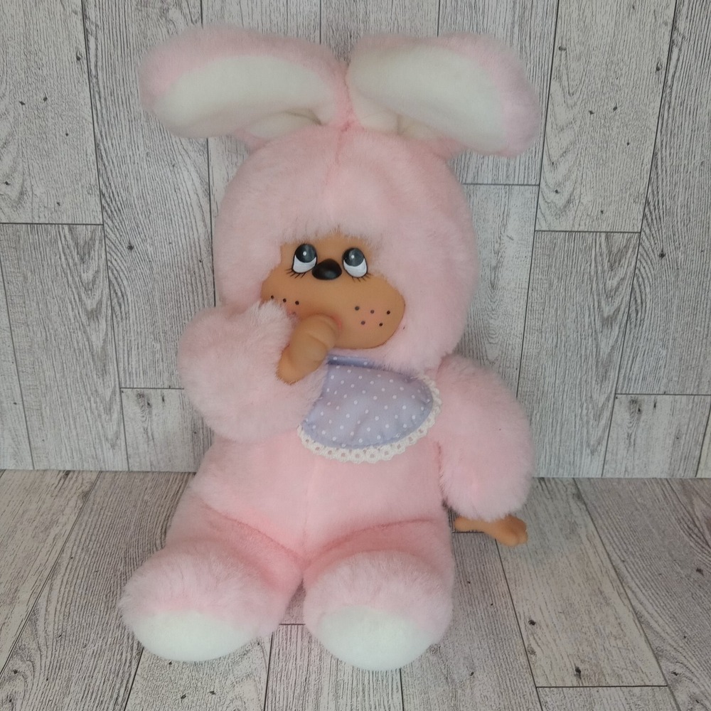 Sekiguchi Monchhichi Pink Bunny Thumb Sucker Stuffed Plush Toy Rubber Face 1993